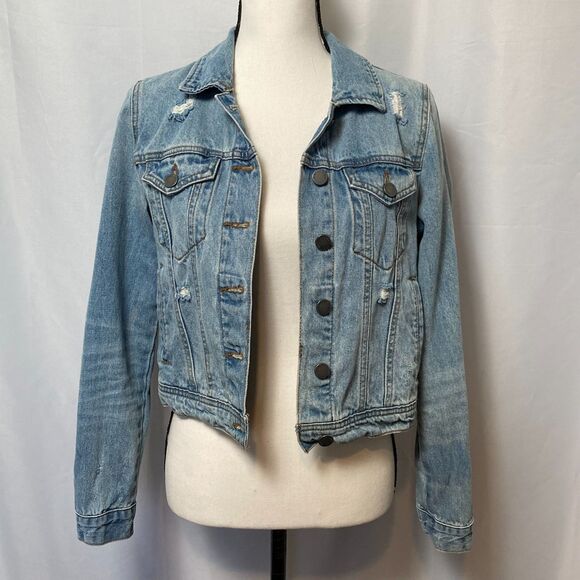 Black Label by C'Est Toi Jean Jacket Cropped Distressed Medium Wash Jean Jacket - Picture 3 of 8
